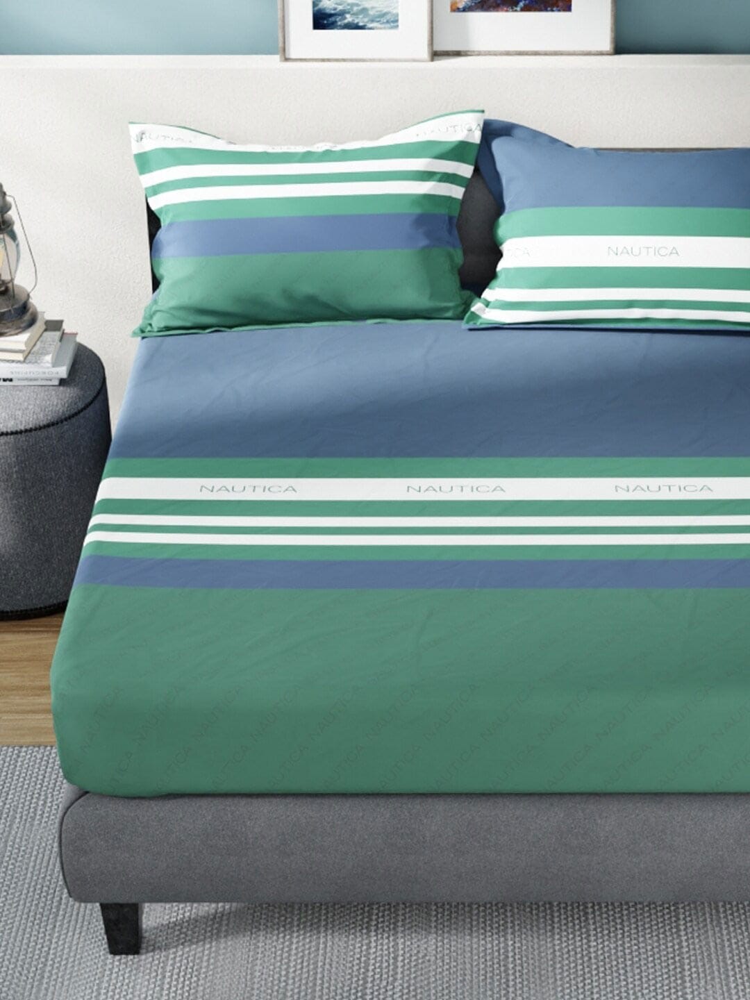 Nautica Bradford Blue & Green Striped 160 TC Pure Cotton King Bedsheet & 2 Pillow Covers - Swadesiicart