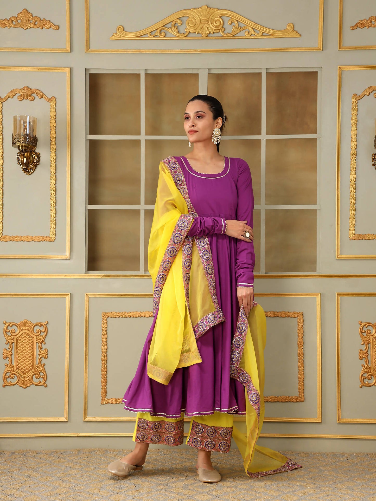 Pomcha Jaipur Purple Saadgi Bagni Lace Anarkali Set | Swadesiicart
