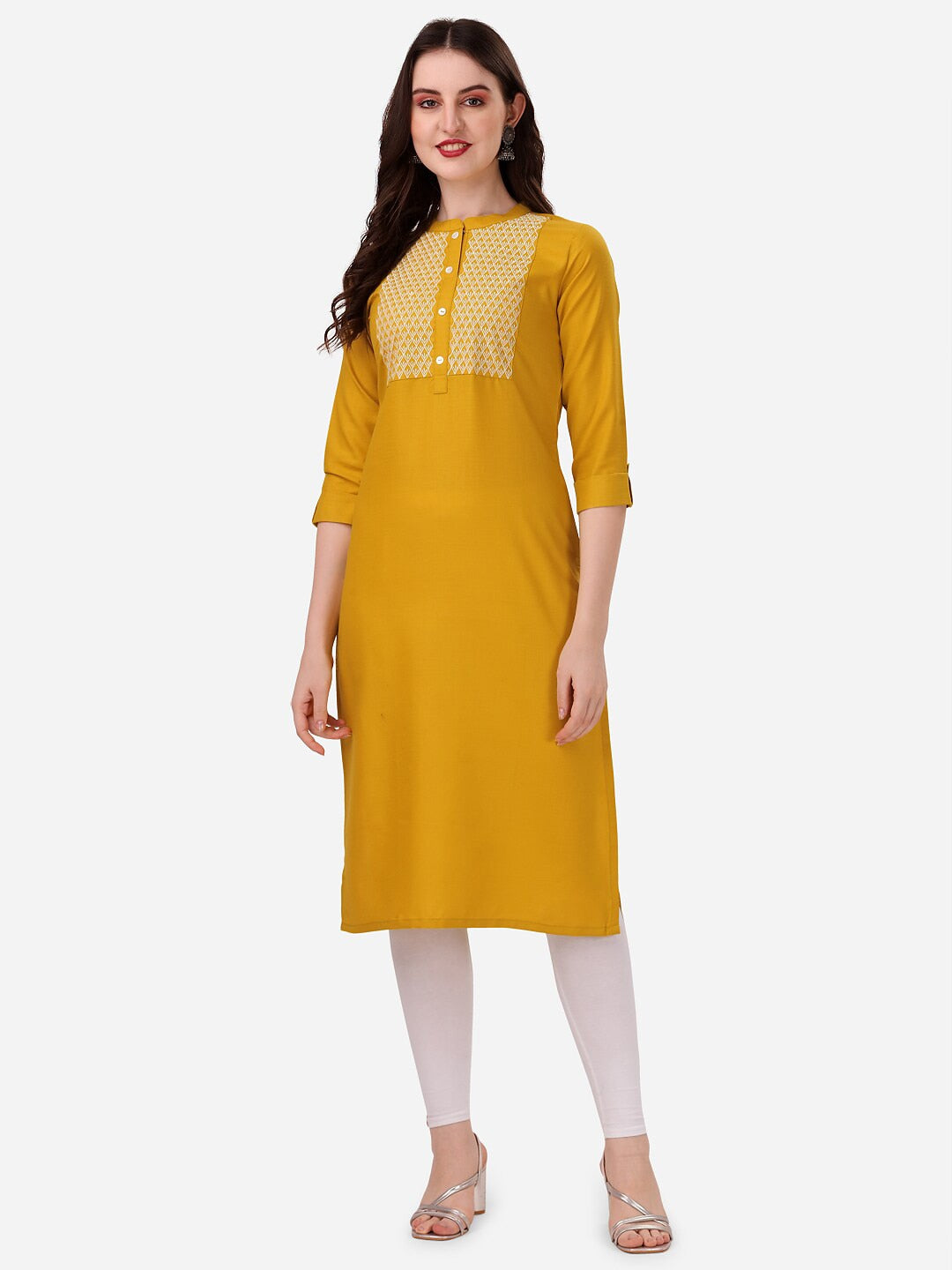 HERE&NOW Yoke Design Mandarin Collar Thread Work Cotton Kurta - Swadesiicart