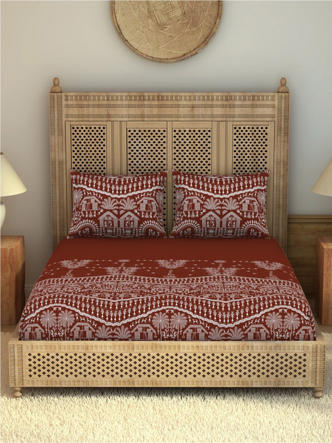 SPACES Warli Orange & White Printed Cotton 210 TC King Bedsheet with 2 Pillow Covers - Swadesiicart