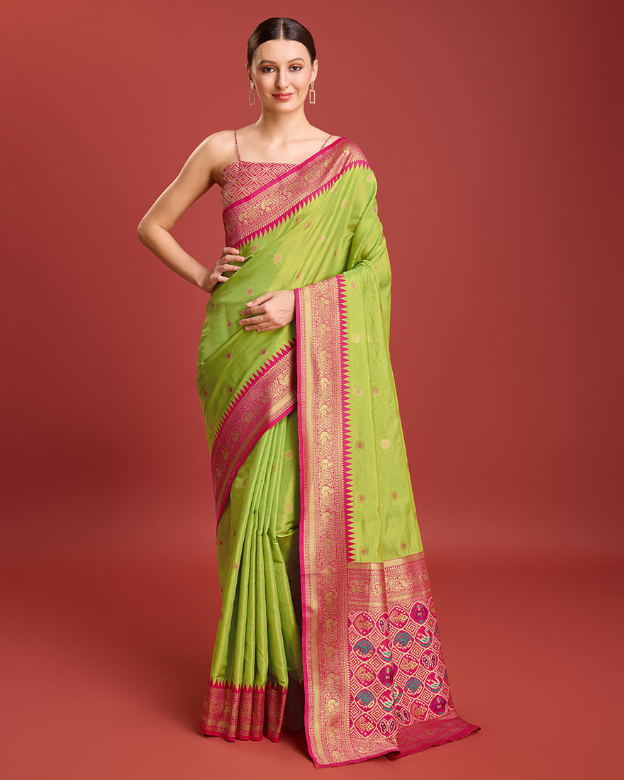 Monjolika Fashion Exquisite Designs With This Regal Parrot Green Patola Pallu Banarasi Tissue Silk Saree | Swadesiicart