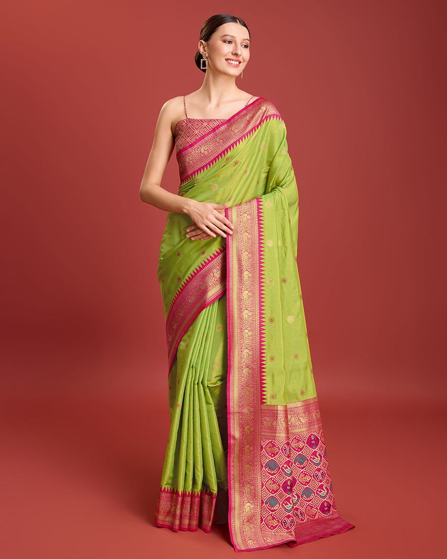 Monjolika Fashion Exquisite Designs With This Regal Parrot Green Patola Pallu Banarasi Tissue Silk Saree | Swadesiicart