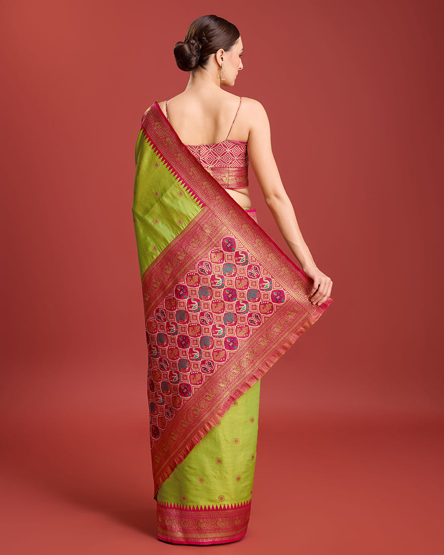 Monjolika Fashion Exquisite Designs With This Regal Parrot Green Patola Pallu Banarasi Tissue Silk Saree | Swadesiicart