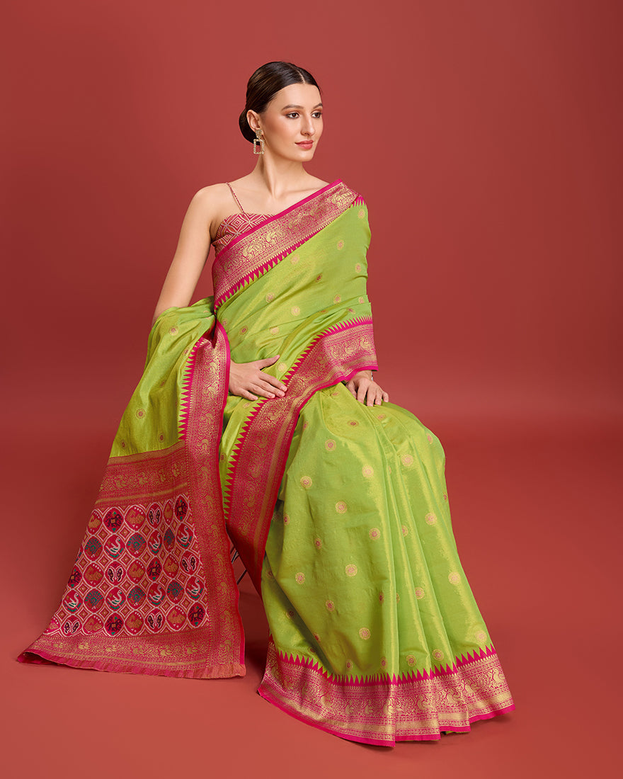 Monjolika Fashion Exquisite Designs With This Regal Parrot Green Patola Pallu Banarasi Tissue Silk Saree | Swadesiicart