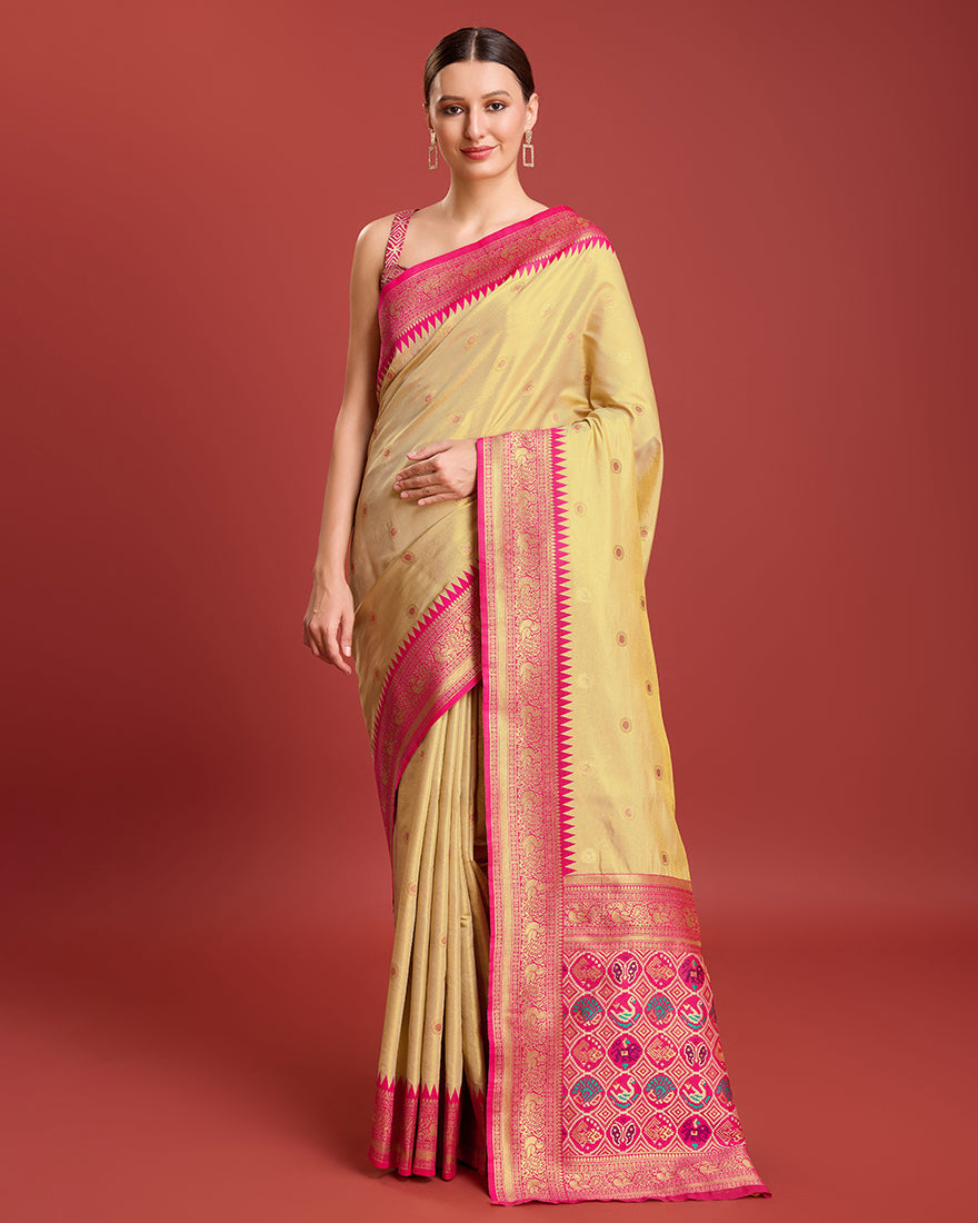 Monjolika Fashion Exquisite Designs With This Regal Beige Patola Pallu Banarasi Tissue Silk Saree | Swadesiicart
