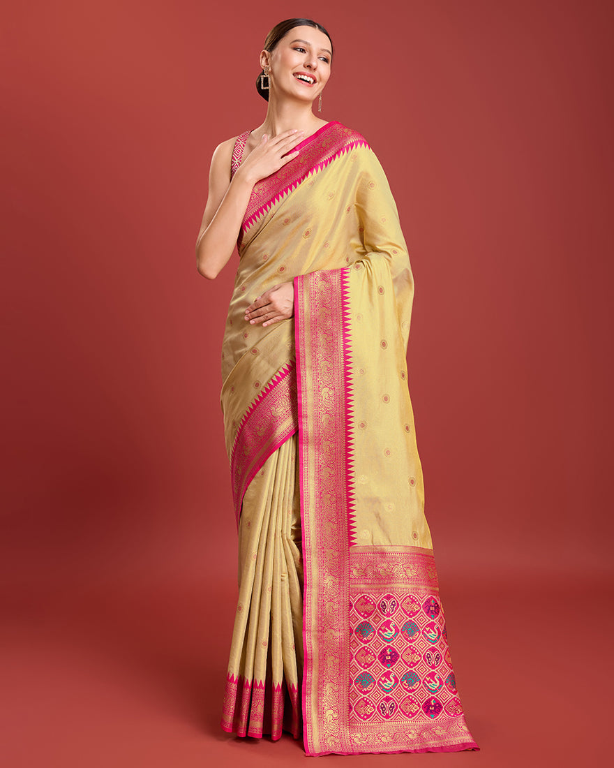 Monjolika Fashion Exquisite Designs With This Regal Beige Patola Pallu Banarasi Tissue Silk Saree | Swadesiicart
