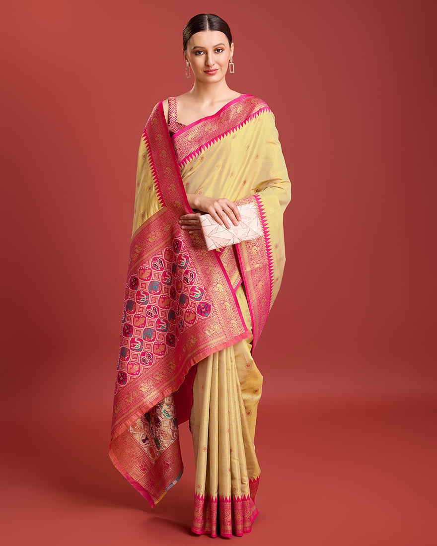 Monjolika Fashion Exquisite Designs With This Regal Beige Patola Pallu Banarasi Tissue Silk Saree | Swadesiicart
