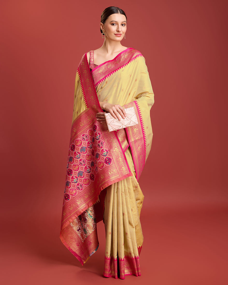 Monjolika Fashion Exquisite Designs With This Regal Beige Patola Pallu Banarasi Tissue Silk Saree | Swadesiicart
