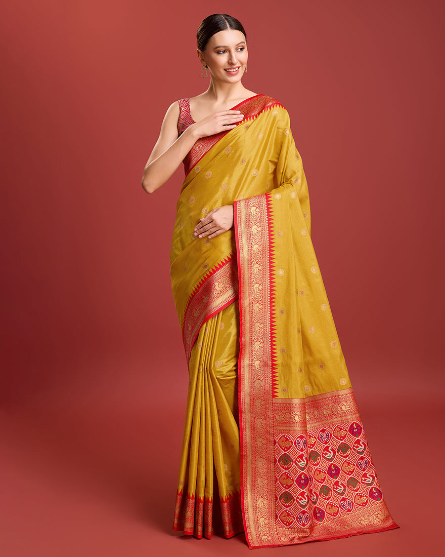 Monjolika Fashion Exquisite Designs With This Regal Mustard Color Patola Pallu Banarasi Tissue Silk Saree | Swadesiicart