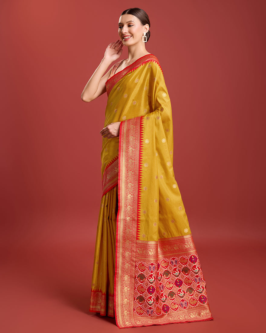 Monjolika Fashion Exquisite Designs With This Regal Mustard Color Patola Pallu Banarasi Tissue Silk Saree | Swadesiicart