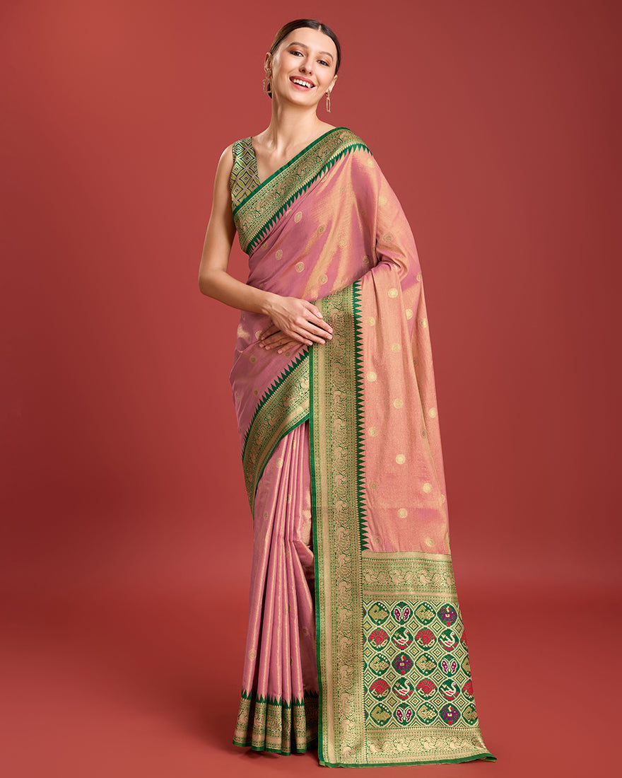 Monjolika Fashion Exquisite Designs With This Regal Rose Pink Patola Pallu Banarasi Tissue Silk Saree | Swadesiicart