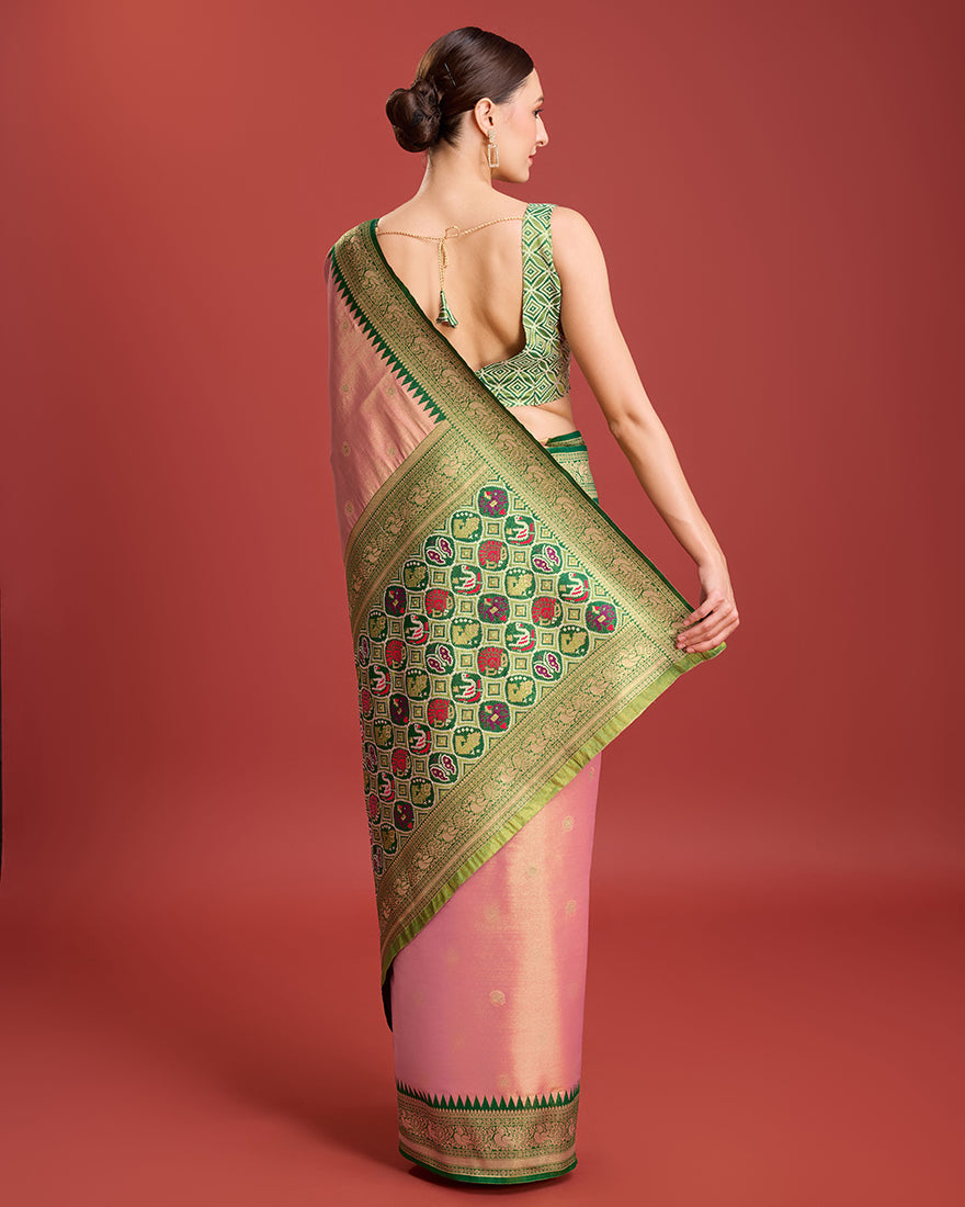 Monjolika Fashion Exquisite Designs With This Regal Rose Pink Patola Pallu Banarasi Tissue Silk Saree | Swadesiicart