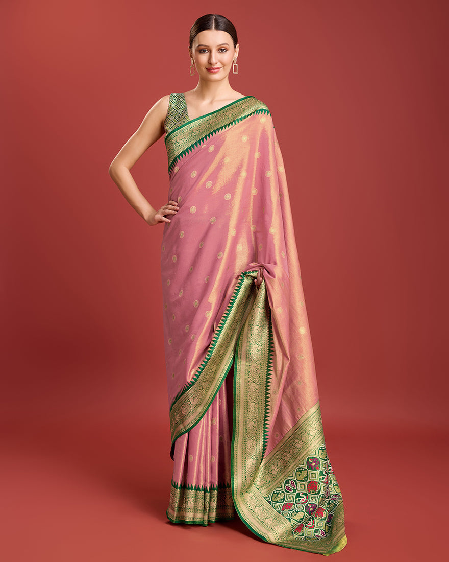Monjolika Fashion Exquisite Designs With This Regal Rose Pink Patola Pallu Banarasi Tissue Silk Saree | Swadesiicart