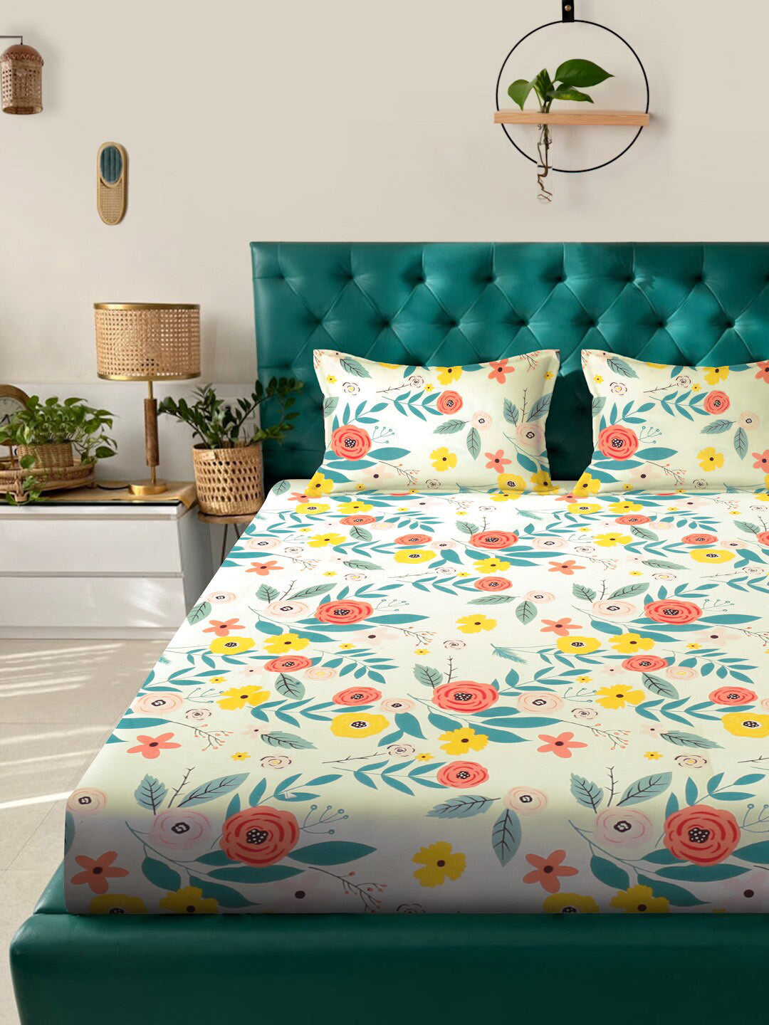 KLOTTHE White & Blue Floral Printed 300 TC King Bedsheet With 2 Pillow covers - Swadesiicart