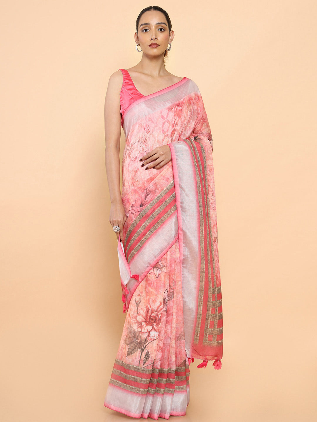 Soch Pink & Grey Floral Zari Pure Linen Ready to Wear Saree | Swadesiicart