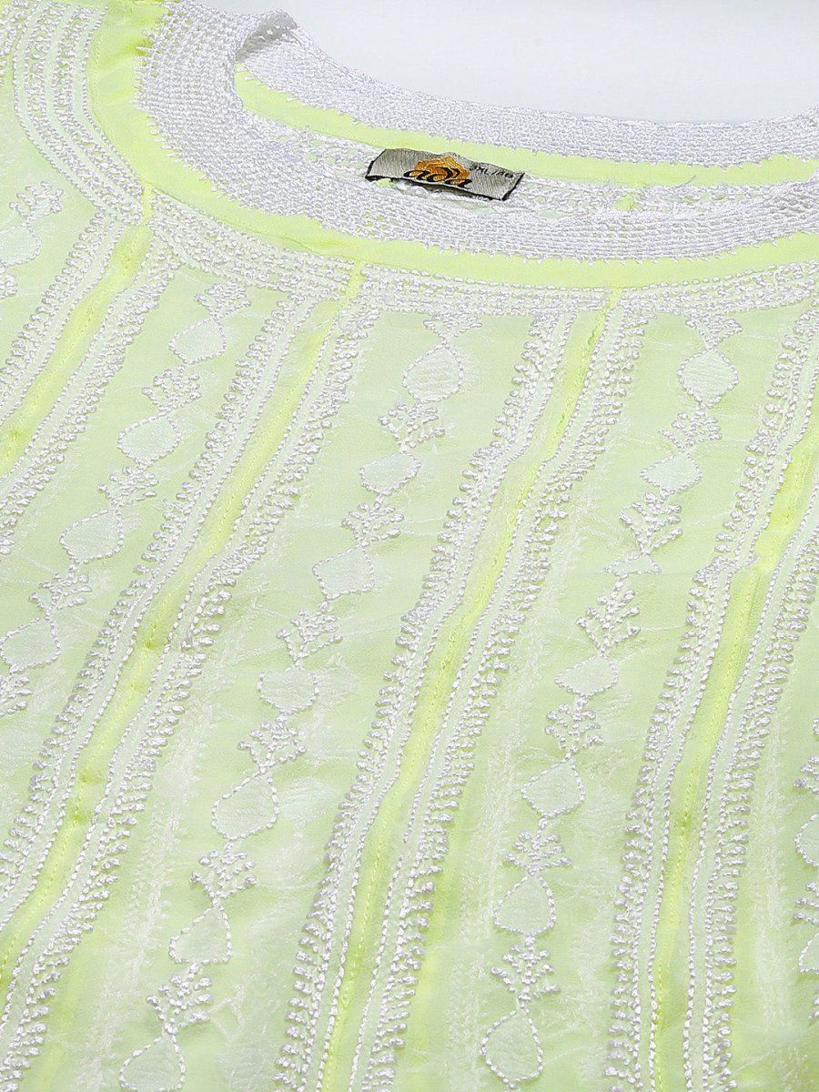 ADA Women Lime Green & White Ethnic Motifs Plus Size Chikankari Georgette Anarkali Kurta | Swadesiicart