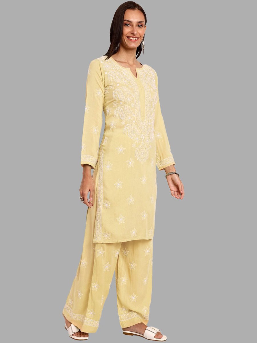 ADA Ethnic Motifs Embroidered Chikankari Straight Kurta with Palazzos | Swadesiicart