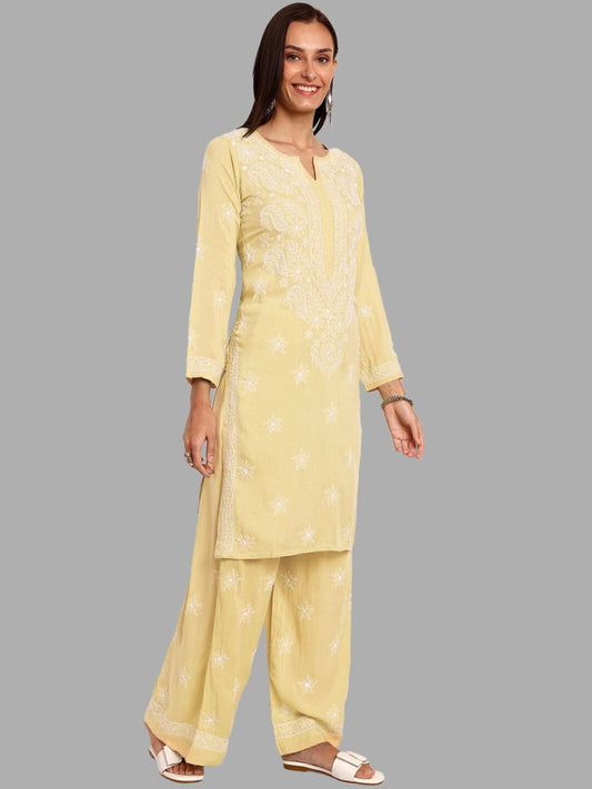ADA Ethnic Motifs Embroidered Chikankari Straight Kurta with Palazzos | Swadesiicart