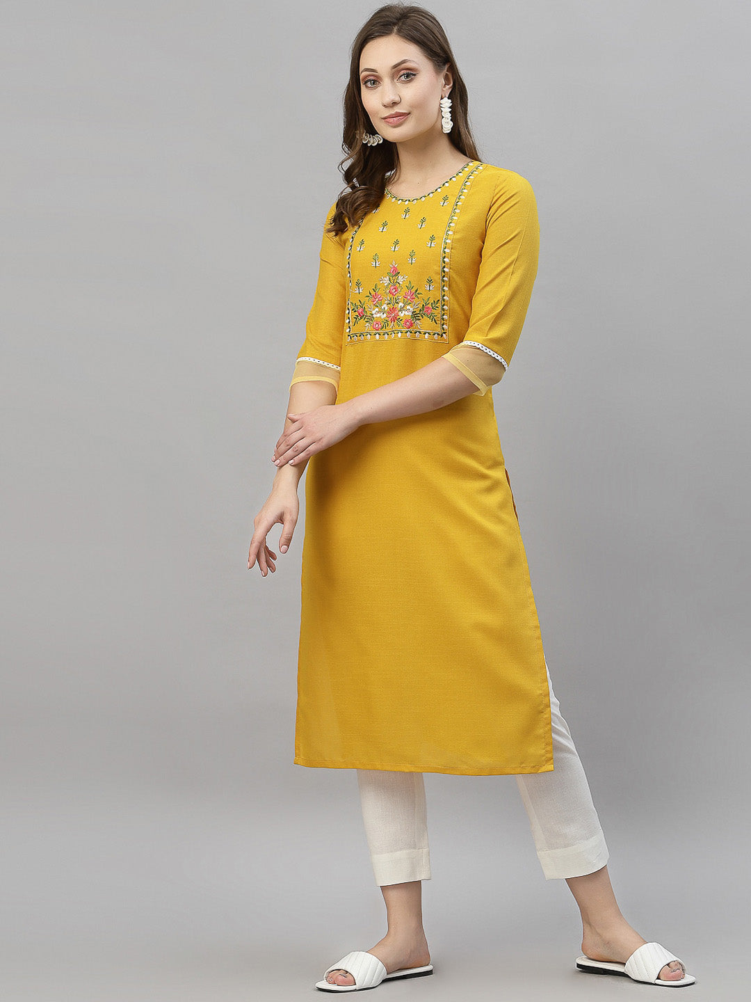 Kalini Women Yellow Floral Embroidered Thread Work Kurta | Swadesiicart