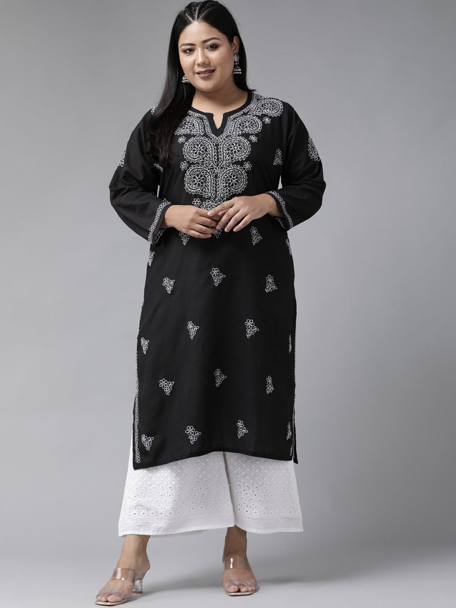 ADA Women Plus Size Black & White Chikankari Hand Embroidered Sustainable Straight Kurta | Swadesiicart