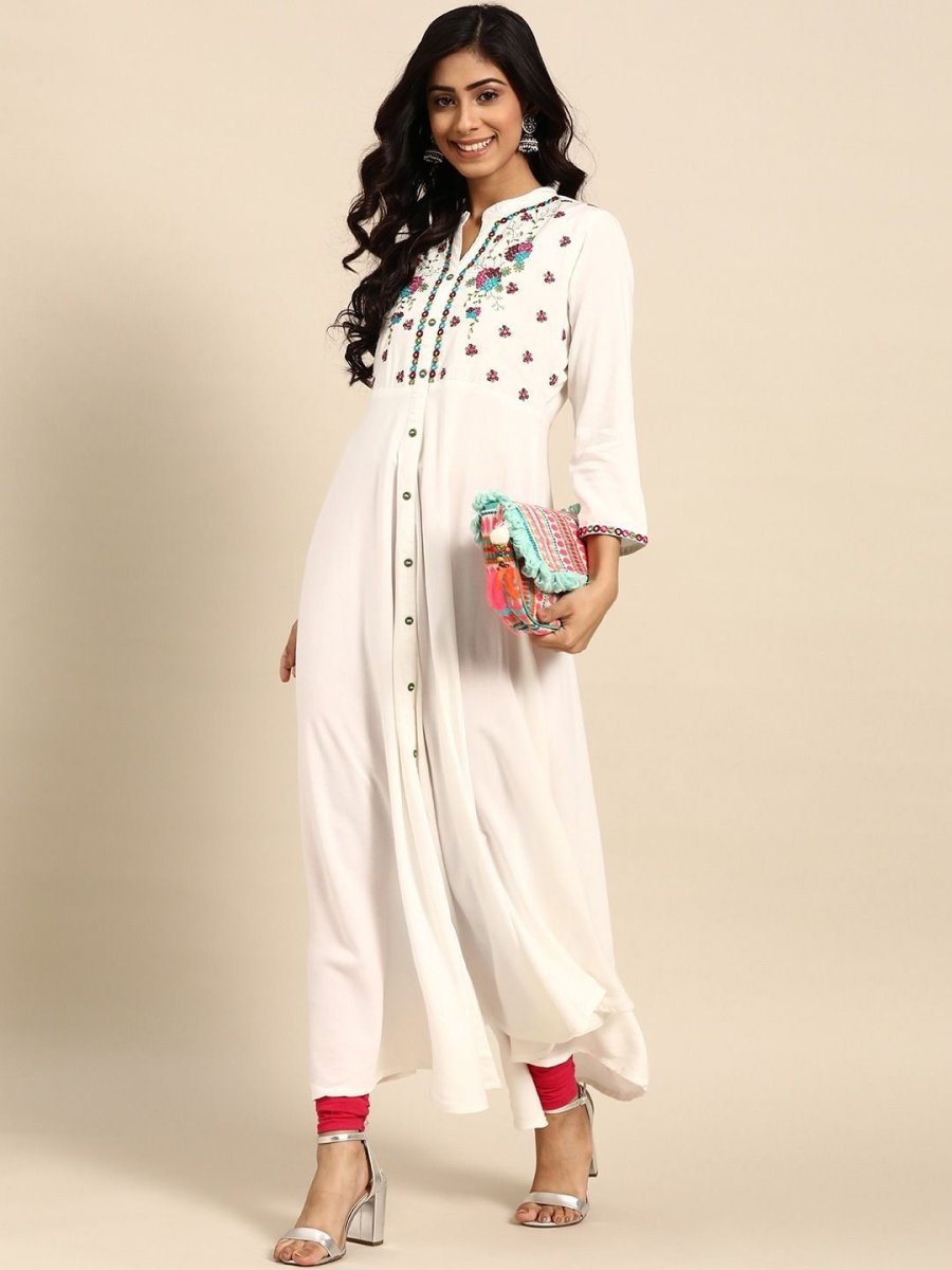 Anouk White Floral Yoke Design Mandarin Collar Mirror Work Cotton A-Line Kurta - Swadesiicart