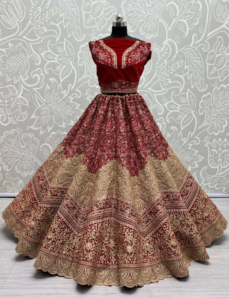 Jyoti Fashion Women's Red Velvet Fancy Dori & Sequins Multi Thread Embroidered with Diamond Work Wedding Lehenga Choli | Swadesiicart