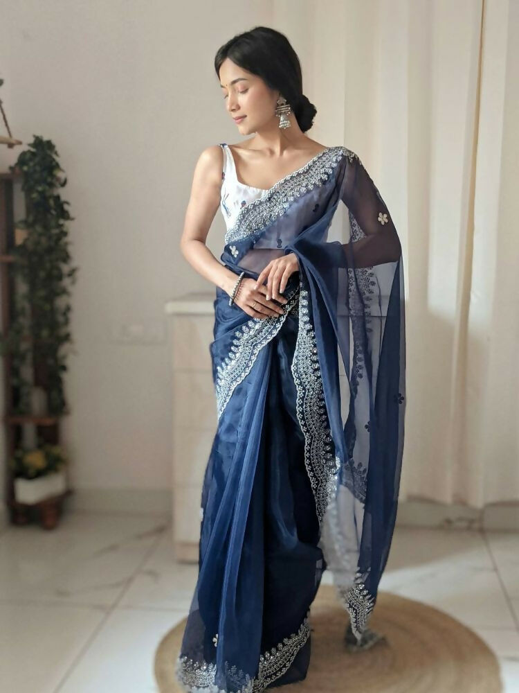 Vamsee Shirovastra Navy Blue Organza Saree - Swadesiicart
