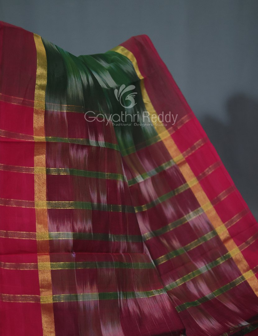 Dual Shades of Mango Green And Maroon Mangalagiri Ikkat Cotton Saree By Gayathri Reddy Designer Studio | Swadesiicart