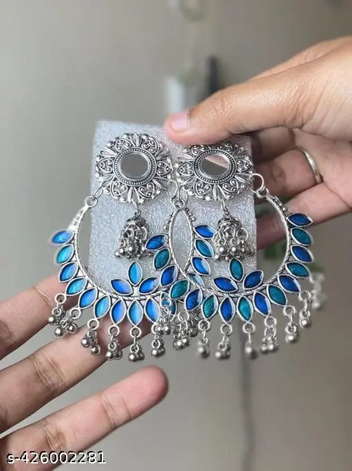 Tehzeeb Creations Women's Silver Plated Blue Meenakari Earrings | Swadesiicart