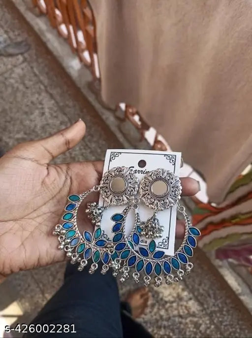 Tehzeeb Creations Women's Silver Plated Blue Meenakari Earrings | Swadesiicart