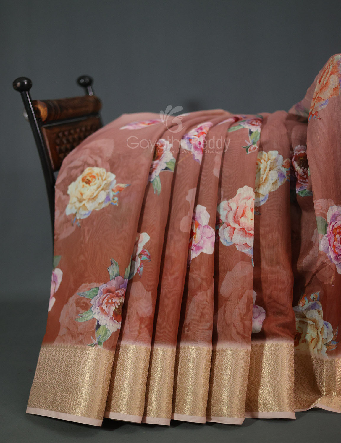 Light Rust Colour Floral Printed Semi Chanderi Saree By Gayathri Reddy Designer Studio | Swadesiicart