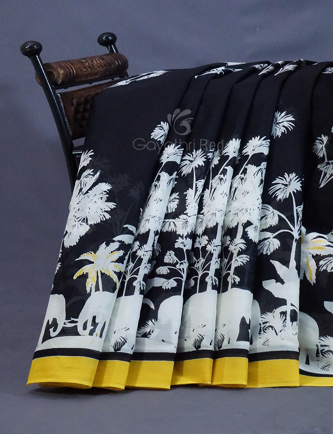 Black And Banana Yellow Colour Block Print Pure Mulmul Cotton Saree By Gayathri Reddy Designer Studio | Swadesiicart