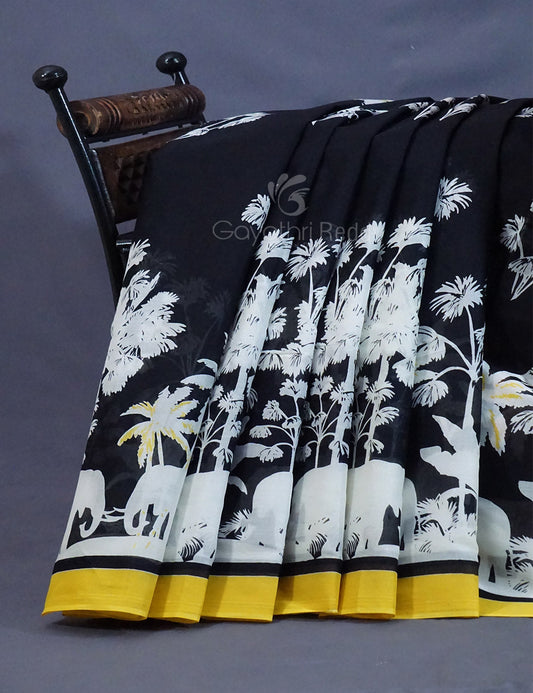 Black And Banana Yellow Colour Block Print Pure Mulmul Cotton Saree By Gayathri Reddy Designer Studio | Swadesiicart