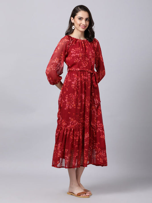 Souchii Maroon Floral Layered Chiffon A-Line Midi Dress - Swadesiicart