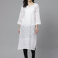 ADA Women White & Black Chikankari Embroidered Semi-Sheer Sustainable Handloom Kurta with Churidar | Swadesiicart