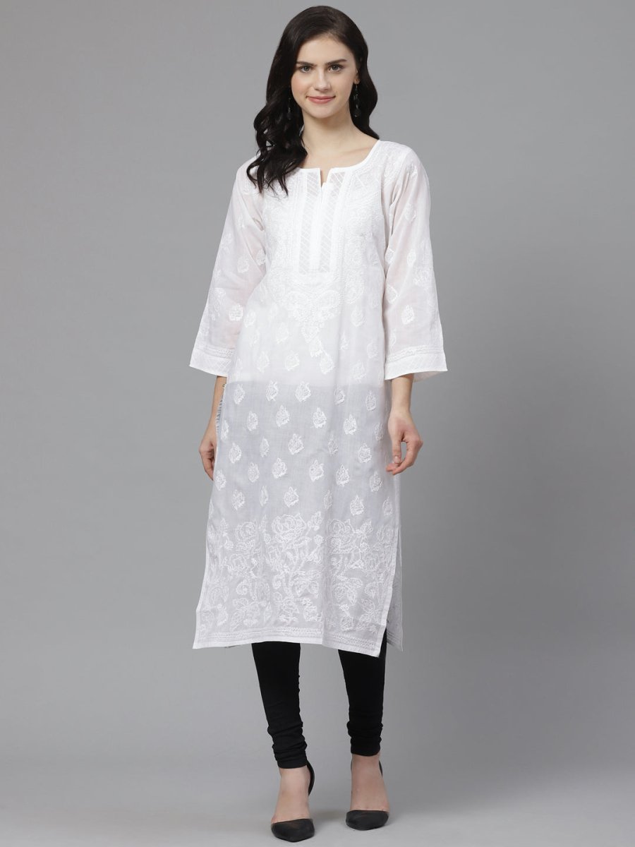 ADA Women White & Black Chikankari Embroidered Semi-Sheer Sustainable Handloom Kurta with Churidar | Swadesiicart