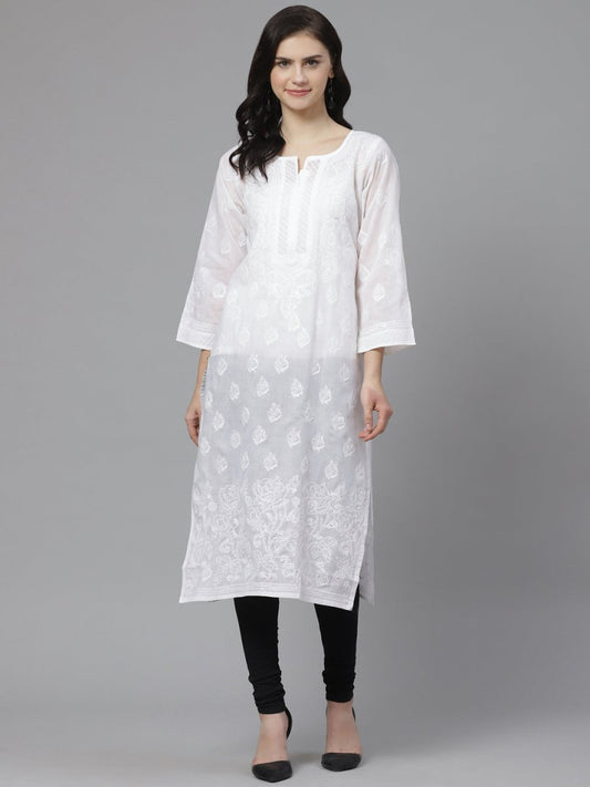 ADA Women White & Black Chikankari Embroidered Semi-Sheer Sustainable Handloom Kurta with Churidar | Swadesiicart