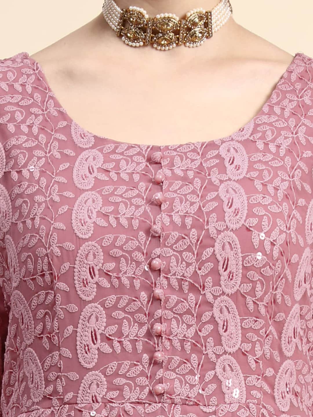 Kalini Paisley Embroidered Chikankari Georgette Anarkali Kurta With Dupatta Set | Swadesiicart