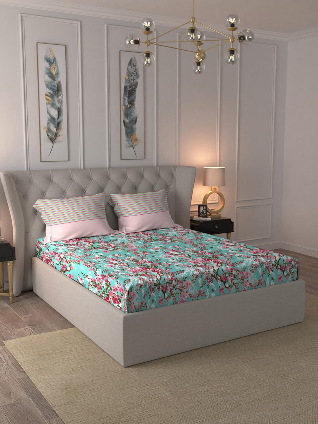 MYTRIDENT Turquoise Blue Pink Floral Pure Cotton 144 TC Queen Bedsheet 2 Pillow Covers - Swadesiicart