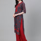 ADA Women Charcoal Grey & Red Chikankari Hand Embroidered Cotton Straight Sustainable Handloom Kurta | Swadesiicart