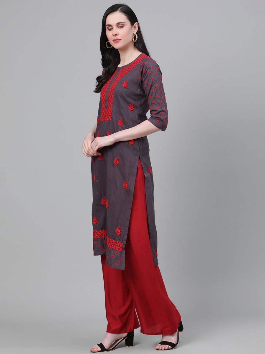 ADA Women Charcoal Grey & Red Chikankari Hand Embroidered Cotton Straight Sustainable Handloom Kurta | Swadesiicart