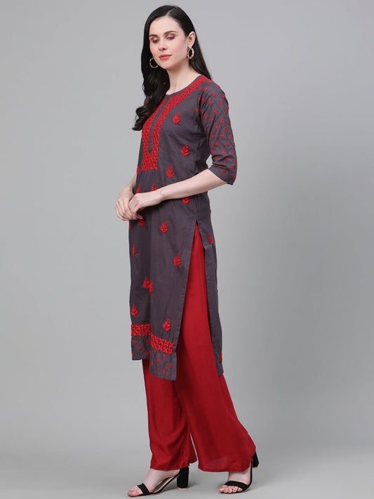 ADA Women Charcoal Grey & Red Chikankari Hand Embroidered Cotton Straight Sustainable Handloom Kurta | Swadesiicart
