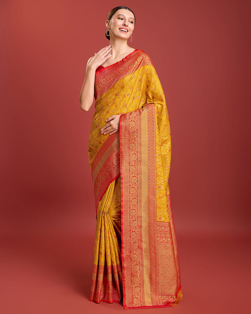 Monjolika Fashion Glamour And Tradition With This Mustard Color Zari Woven Banarasi Tissue Silk Saree | Swadesiicart