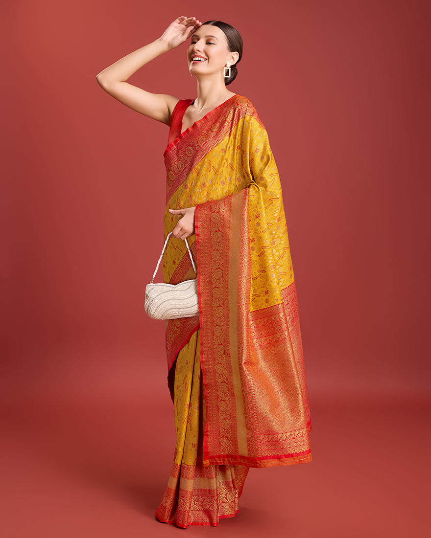 Monjolika Fashion Glamour And Tradition With This Mustard Color Zari Woven Banarasi Tissue Silk Saree | Swadesiicart