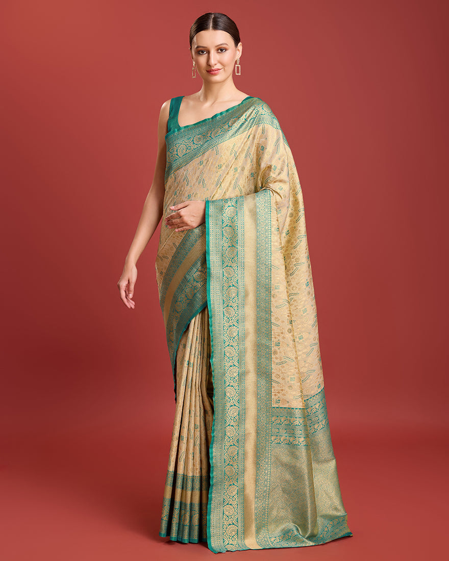 Monjolika Fashion Glamour And Tradition With This Beige Color Zari Woven Banarasi Tissue Silk Saree | Swadesiicart