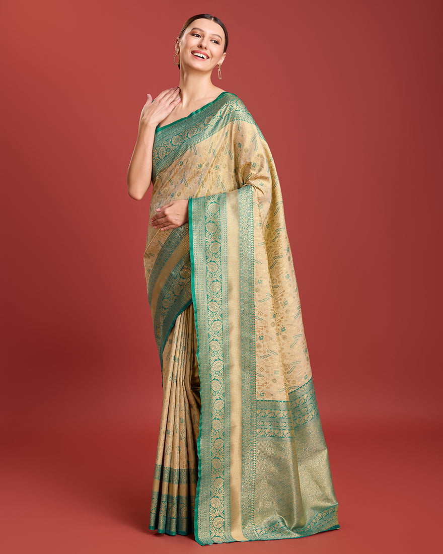 Monjolika Fashion Glamour And Tradition With This Beige Color Zari Woven Banarasi Tissue Silk Saree | Swadesiicart