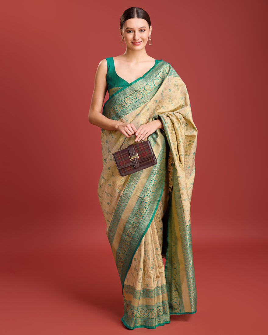 Monjolika Fashion Glamour And Tradition With This Beige Color Zari Woven Banarasi Tissue Silk Saree | Swadesiicart