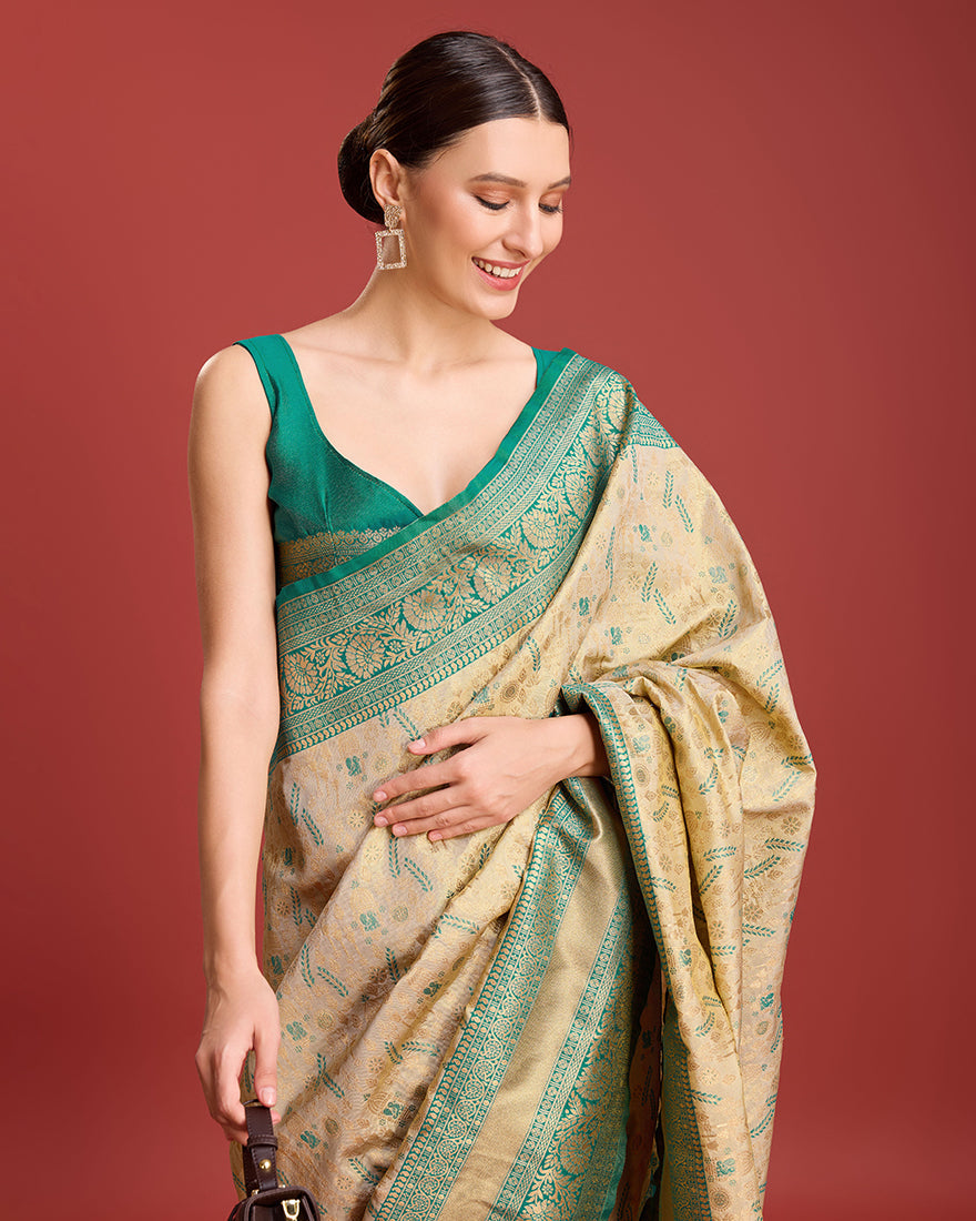 Monjolika Fashion Glamour And Tradition With This Beige Color Zari Woven Banarasi Tissue Silk Saree | Swadesiicart