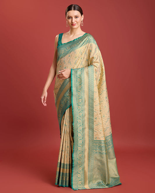 Monjolika Fashion Glamour And Tradition With This Beige Color Zari Woven Banarasi Tissue Silk Saree | Swadesiicart