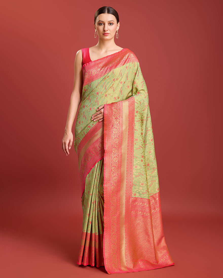 Monjolika Fashion Glamour And Tradition With This Pastel Green Color Zari Woven Banarasi Tissue Silk Saree | Swadesiicart